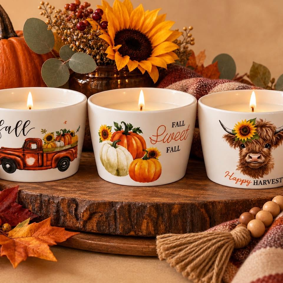 Fall - White Ceramic Candles (Fall, Truck, Cow)